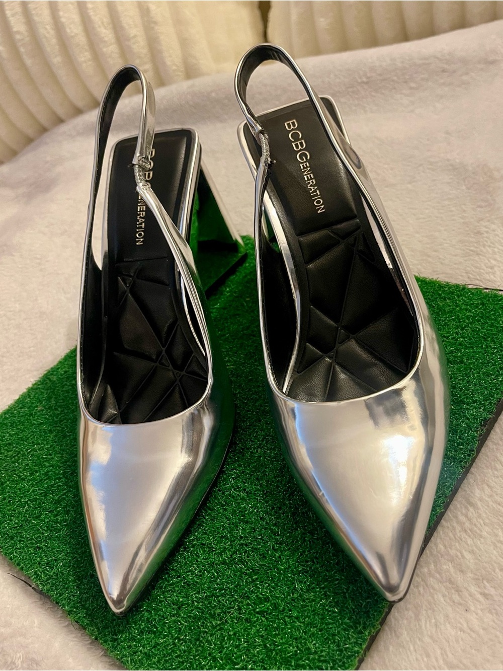 BCBGeneration Metallic Silver Pointed Slingback Pumps
